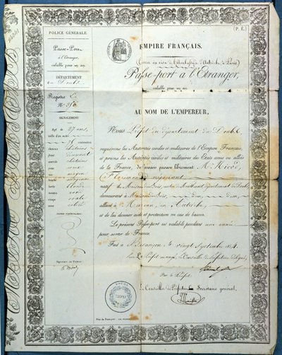 1854年9月20日、ブザンソンからのフランスのパスポート 作： French School