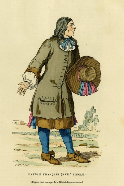 18世紀のフランスの農民の衣装。1882年にパリで出版されたオーギュスタン・チャラメル著『France et les francais a travers les centuries』（F.Roy編集）に掲載されている国立図書館のプリントをもとにしたカラーのエングレーヴィング。セルバ・コレクション。 作： French School