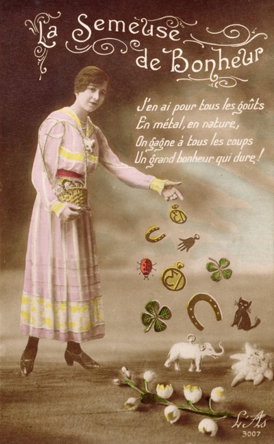 La Semeuse de Bonheur（幸運の種まき）を描いたフランスのポストカード、1914年3月29日 作： French School