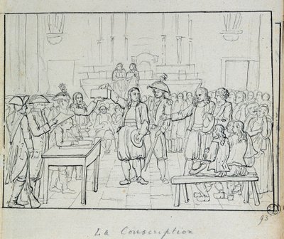 フランス革命：1793年のブルターニュ地方の徴兵風景。パリ、カルナヴァレ美術館（Musee Carnavalet 作： French School
