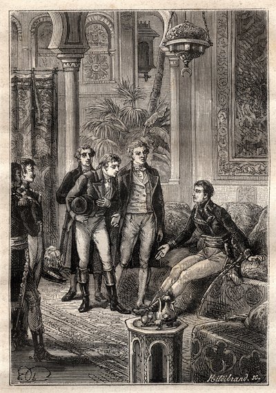 フリードリヒ・コンラッド・ホルネマン（1772-1801）は、1797年にカイロでガスパール・モンジュ（1746-1818）とクロード・ルイ・ベルトレ（1748-1822）の立ち会いのもと、ナポレオン・ボナパルトと面会した-イラストは "The Great Mariners of 18 century "より引用 作： French School