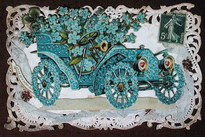 花で覆われた車が描かれた友情のグリーティングカード 20世紀初頭（カラーリトグラフ） 作： French School