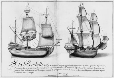フリゲート、ラロシェル、イラスト「船のさまざまな方法のデザイン...ナントからバイヨンヌへ...」、1679年（紙に鉛筆と紙）（bw写真） 作： French School