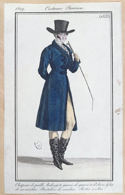 麦わら帽子、nankeenズボンとソフトブーツのフロックコート、1819 作： French School