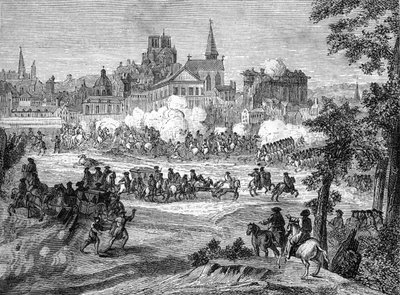 フロンド: 1652 年 7 月 2 日にパリでフォーブル サン アントワーヌの戦いが発生しました。 作： French School