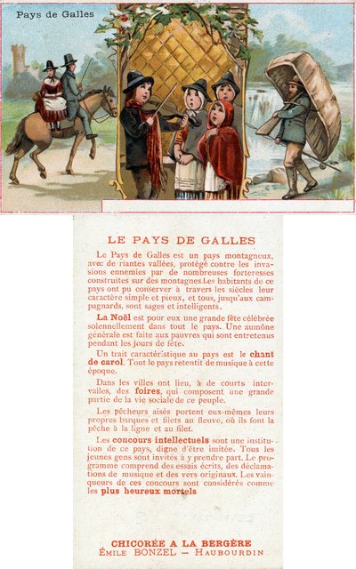 1890年頃のウェールズでの生活を描いたドリンクChicoréeàlaBergèreのプロモーションカードの表と裏（488433も参照） 作： French School