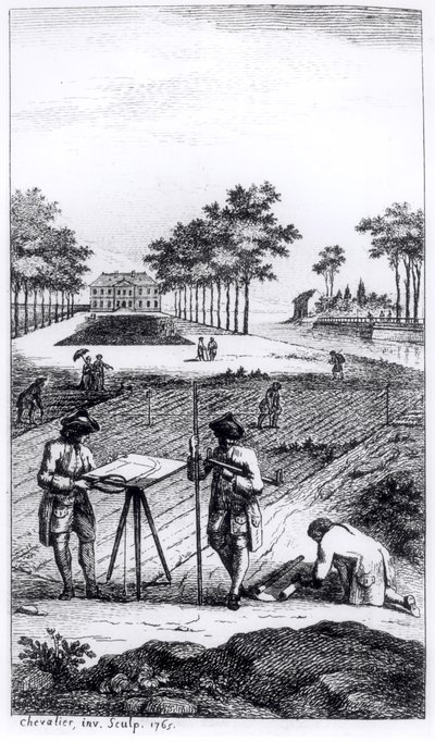 パリで1766年に出版されたDupain de Montesson（c.1720-90）によるLa Science de lArpenteurのFrontispiece 作： French School