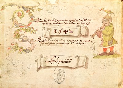 1542年、鳥の頭に管楽器を演奏する眼鏡をかけた男を描いたレキュイユデチャントreligieux et profanes IXの前絵 作： French School