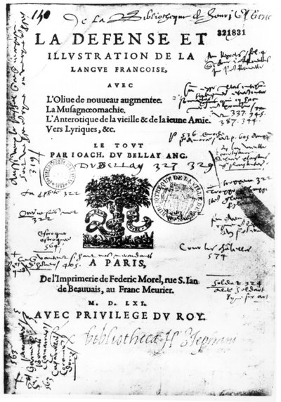 1561年にパリのフェデリックモレルによって印刷されたラデファンスとイラストのラフランセーズの前面絵、Joachim du Bellay（ペンとインクの印刷された紙） 作： French School