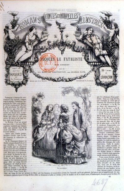1849年にパリで出版された、ディドロのジャックルファタリストをフィーチャーした小説や物語のコレクションの口絵 作： French School
