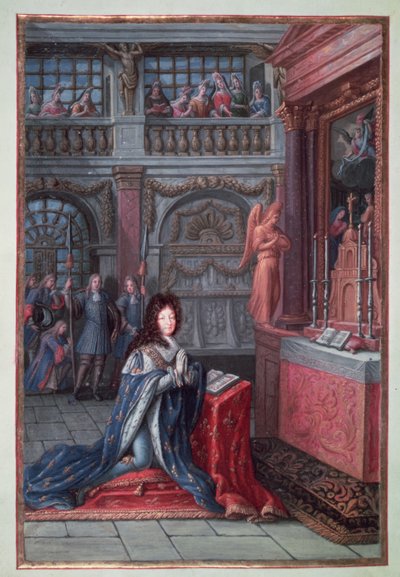 祈りでルイ14世（1638年-1715年）を描いた「ルイ14世の時間」の口絵 作： French School