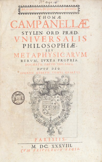 1638年にパリで出版されたTommaso Campanellaによる普遍的な哲学への口絵 作： French School