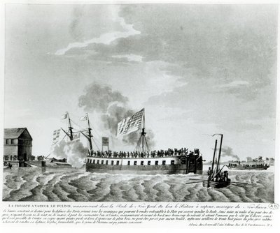 1812年の戦争でニューヨークを防衛するためにロバートフルトンによって設計および製造されたフルトンスチーム駆動の軍艦、フルトンザファースト（19世紀初めの彫刻のbw写真） 作： French School
