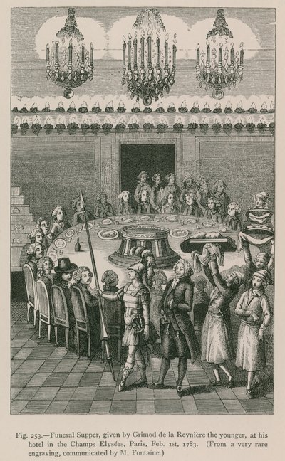 1783年2月1日、パリのシャンゼリゼにあるホテルで彼のホテルでグリモドデラレイニエールの子供から贈られた葬儀の夕食 作： French School