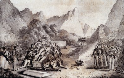 ナポレオン1世の葬儀：セント・ヘレナでのナポレオンの遺体の発掘-1851年頃、M.サン・モーリスの「ナポレオンの葬儀の歴史画」に描かれたレヴィリーの絵。 作： French School