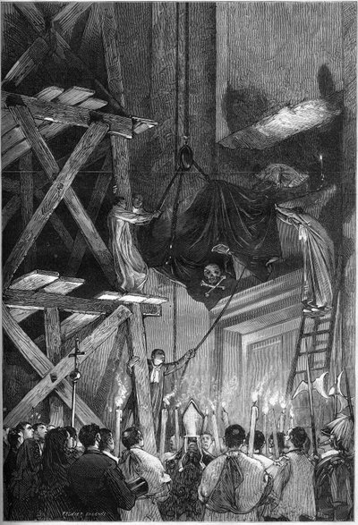 教皇ピウス1世（ピオ）（1792-1878）の葬儀：ローマのサン・ピエトロ大聖堂に遺体を埋葬する様子。1878年3月9日付「Le Monde Illustré」1093号に掲載されたエングレーヴィング。 作： French School
