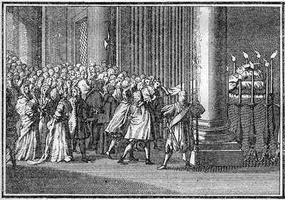 18世紀のローマ教皇の葬儀：ローマのサン・ピエトロ教会で3日間展示された教皇の遺体。Histoire des religions "に掲載されている図版。 作： French School