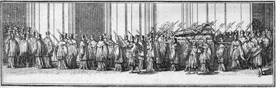 18世紀の教皇の葬儀：ローマのサン・ピエトロ教会に運ばれる教皇の遺体。Histoire des religions」に掲載されている図版。 作： French School