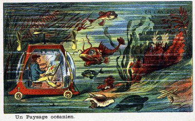 Futuredays:19世紀に描かれた2000年のビジョン - Serie "In the Year 2000":海の風景（画家が小型の水中車両で海中の風景を描く）。ヴィレマールのクロモリトグラフ 作： French School