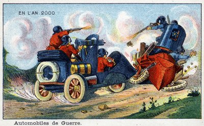 Futuredays:19世紀の2000年のビジョン - シリーズ「2000年に」。戦争の自動車。ヴィレマールのクロモリトグラフ 作： French School