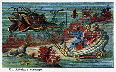Futuredays:19世紀の2000年のビジョン - シリーズ「2000年に」。奇妙なヒッチ（海中の魚が描くタンク）。ヴィレマールのクロモリトグラフ 作： French School