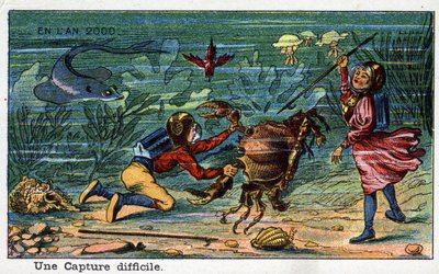 Futuredays:19世紀に描かれた2000年のビジョンシリーズ。A Difficult Capture (Under Sea).ヴィレマールのクロモリトグラフ 作： French School