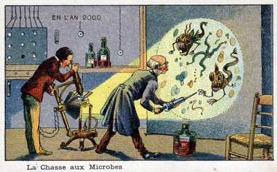 Futuredays:19世紀に描かれた2000年のビジョンシリーズ。The Hunting of Microbes（2人の科学者が機械を使って拡大した微生物を除去している様子ヴィレマールのクロモリトグラフ 作： French School