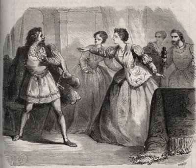 Gabrielle de Vergyは、婚約者のEudes de Fayelが従兄弟のAlbert de Nozereauとの友情に嫉妬していることに異議を唱えます。12世紀の伝説の場面。ヘンリー・デ・コック（1819-1892）の「Histoire Des Cocus Celebres」に掲載された1871年の版画。 作： French School