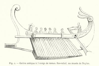 3列のオールを持つ古代のガレー船、浅浮彫り、ナポリ博物館所蔵（エングレービング 作： French School