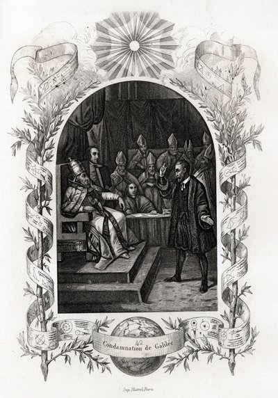 ガリレオ・ガリレイ（1564-1642）がバチカンの聖務庁の前で」 天文学者は1632年に異端審問法廷で判決を受けた。モーリス・ラシャトレ（1814-1900）による『教皇列伝』の挿絵、パリのリブレリー・デュ・プログレ。 作： French School