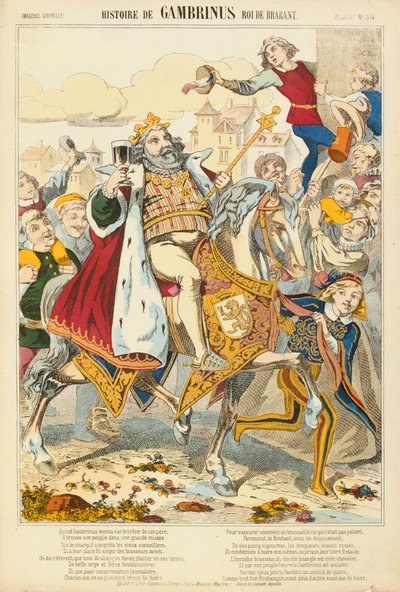 フランダースの伝説的な王、ガンブリウヌス、ブロードシート、Verlag Haguenthal、Pont-a-Mousson、1860年 作： French School