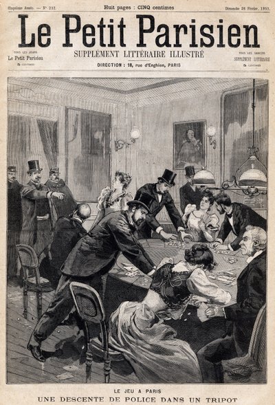 パリのゲームハウス。賭博場（カジノ）に入った警察の手入れ。1893年2月26日の新聞 "Le Petit Parisien "に掲載された1枚（エングレービング 作： French School