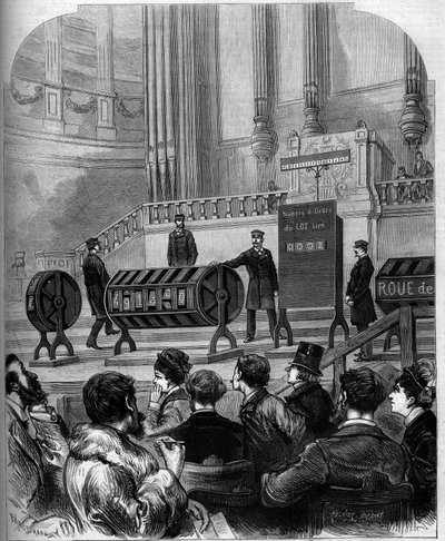 運命のゲーム：1879年1月6日、パリのトロカデロの祝祭ホールで行われた国営宝くじの抽選会。1879年2月1日の "Le Monde Illustré "1140号に掲載されたエングレーヴィング。 作： French School