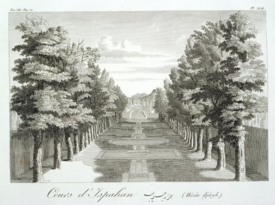 1811年に発表されたジャンシャルダン（1643-1713）による、シェバリエシャルダンアンペルスの航海に由来するイスファハンのTshehar-Baghにある庭園 作： French School