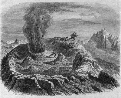 チリのアントゥホ火山のガス噴出。フリーマンの版画、"The Picturesque Magasin "所収 作： French School