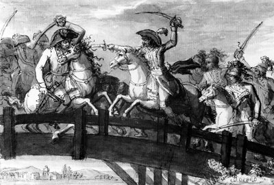 チロルのHoratius CoclesであるAlexandre Dumas将軍。 1797年、クラウゼン橋でオーストリアの3人の敵を単独で殺害、1797年頃（ガッシュ） 作： French School