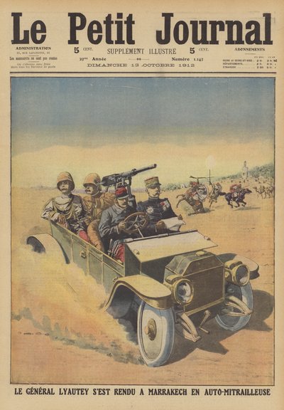 装甲車でマラケシュを訪れたフランス領モロッコ駐在のユベール・リャウテイ将軍（カラーリトグラフ 作： French School