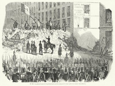 サン・マルタン兵舎の外でバリケードを守る武装労働者と交渉するラモリシエール将軍（1848年6月23日、パリ）（エングレーヴィング 作： French School