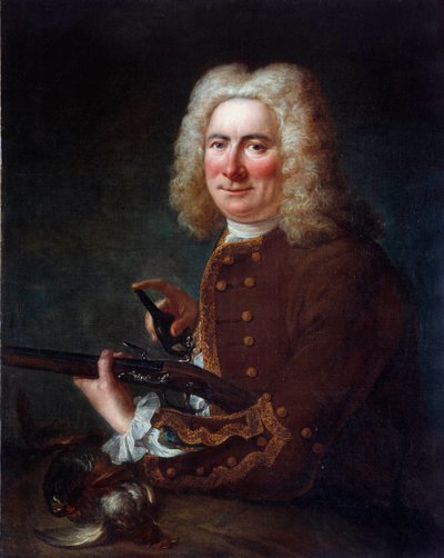 フリント・ライフルを持つ紳士18世紀の匿名の絵画。Gien, Musee de la chasse - 火打ち石の銃を持つ紳士。18世紀の匿名の絵画。フランス、ジエン、狩猟博物館 作： French School