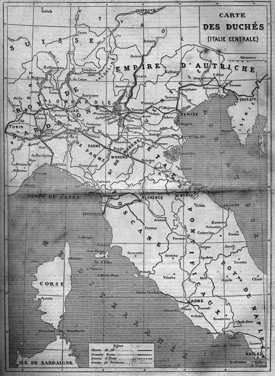 1860年の中央イタリア公国の地理的地図。1860年1月7日付「Le Monde Illustré」143号に掲載された図版。 作： French School