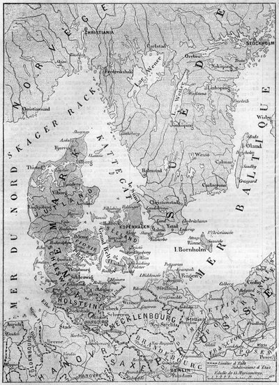 1861年のデンマークの地理的地図、シュレスヴィヒ、ホルスタイン、ローエンブルクの各公爵が描かれている。1861年2月9日付「Le Monde Illustré」200号に掲載された図版。 作： French School