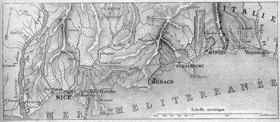 1861年のモナコ公国の地理的地図、ロックブルヌ市とマントンがフランスに加盟する前のもの。1861年2月23日付「Le Monde Illustré」202号に掲載された図版。 作： French School
