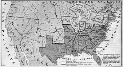 1861年3月のアメリカ合衆国の地理的な地図。奴隷制を敷いていた州がランで示されている。白抜きで書かれているのは、連邦から分離した7つの連合国の名前。テキサス州、サウスカロライナ州、ミシシッピ州、フロリダ州、アラバマ州、ジョージ州 作： French School