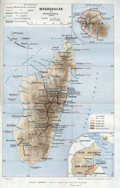 マダガスカルの植民地とその属領、レユニオン、ソマリアのフランス海岸の地理地図。 作： French School