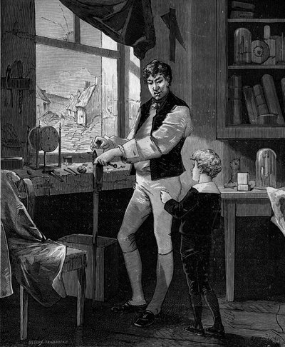 イギリスのエンジニア、ジョージ・ステファンソン（1781-1848）とその息子。 作： French School