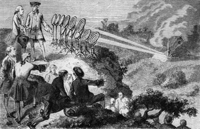 Georges-Louis Leclerc（1707-88）モンドバールで干し草の山の上の燃え盛る鏡を実験しているドゥフォン伯爵、1872年にパリで出版されたLouis FiguierによるLa Vie des Savants Illustresから（bw p 作： French School