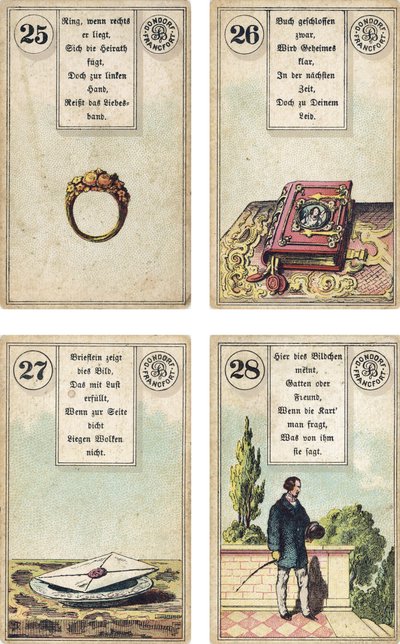 Lenormandのフランスのカートマットデッキのドイツ語版：The Ring、The Book、The Letter、The Gentleman、ドンドルフ発行、19世紀 作： French School