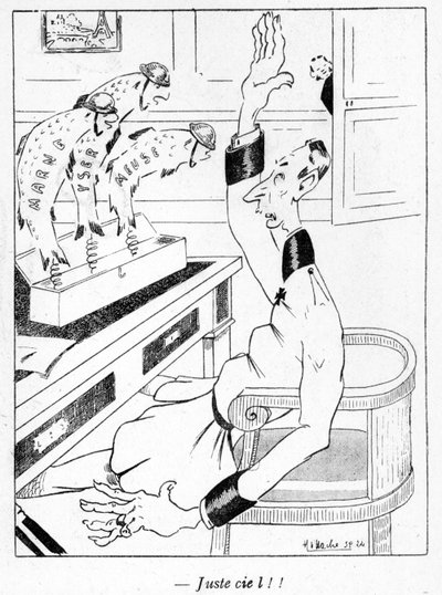 1917年3月29日、La Baionette誌のエイプリルフールデイ（ポアソンダヴリル）版の漫画である3つのエイプリルフィッシュを受け取ったドイツの将校 作： French School