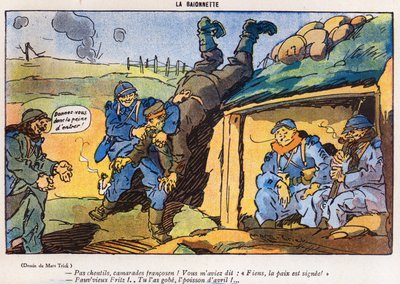 1917年3月29日、ラバイオネットマガジンのエイプリルフールデイ（ポアソンダヴリル）版からのトリック、漫画の結果、フランスの兵士によって捕獲されたドイツの兵士 作： French School