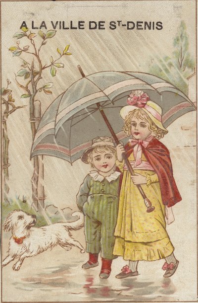 傘を持って雨の中を歩く女の子 作： French School